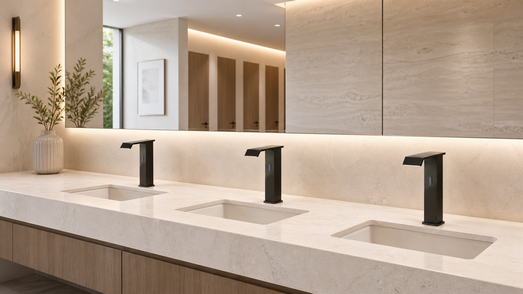 FontanaShowers FS145178 touchless tall bathroom vessel sink faucets installed in commercial restroom