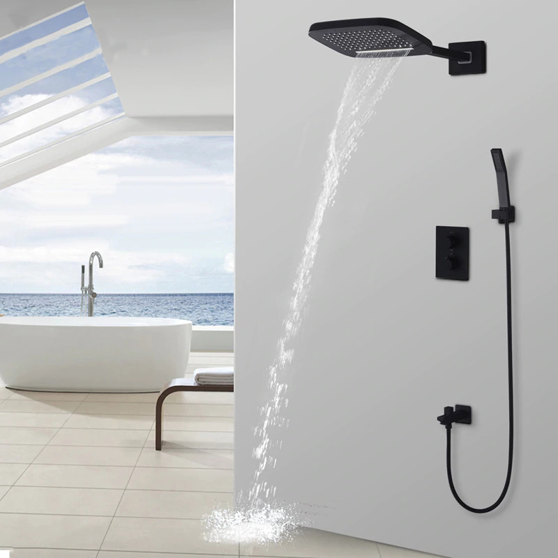 PHASAT Thermostatic Shower System,Black Exposed Shower Mixer Thermostatic Set with Waterfall Bath Filler,Rain Shower Head and Hand Shower