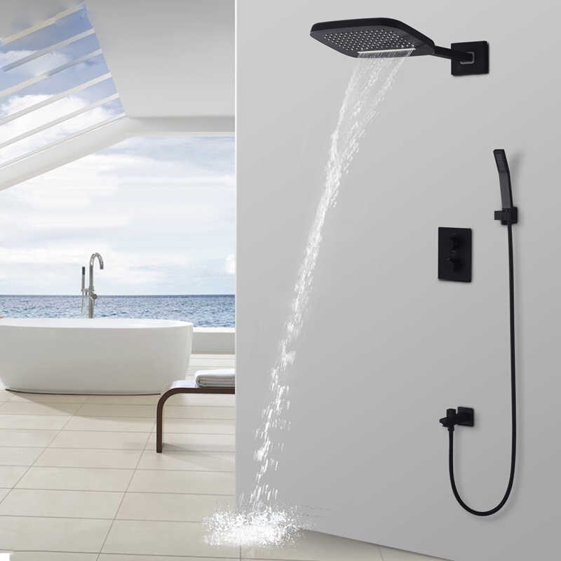 Fontana Carpi Dual Handle Thermostatic Luxury Matte Black Rain And Waterfall Bathroom Shower System With Hand Held Shower
