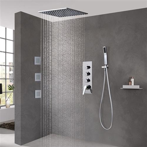 FontanaShowers Brushed Nickel Ceiling Mount Rainfall Shower Set With Thermostat Mixer Jet Spray And Handshower