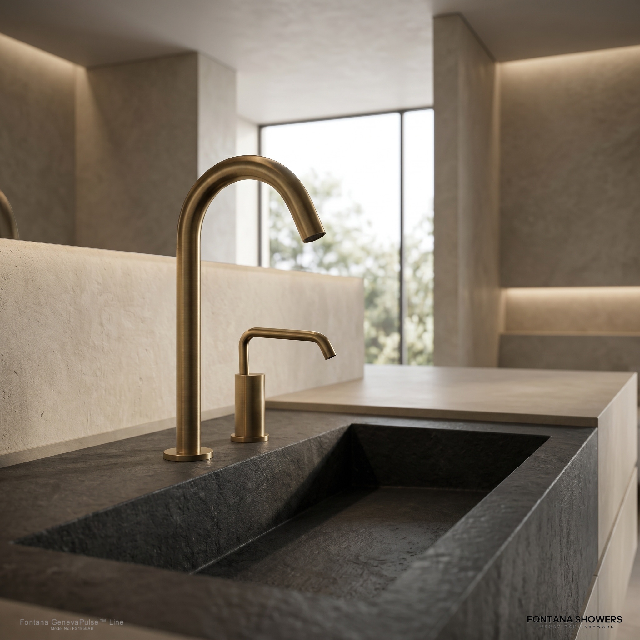 Fontana countertop faucet and soap dispenser exploded assembly drawing showing faucet parts, soap dispenser parts, mounting hardware, controller, power supply, connection cables and optional battery pack