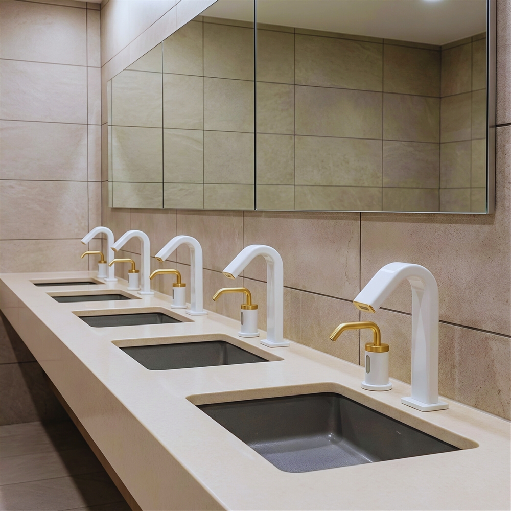 Fontana SquareArc Duo smart touchless faucet and soap dispenser set in matte white and brushed gold