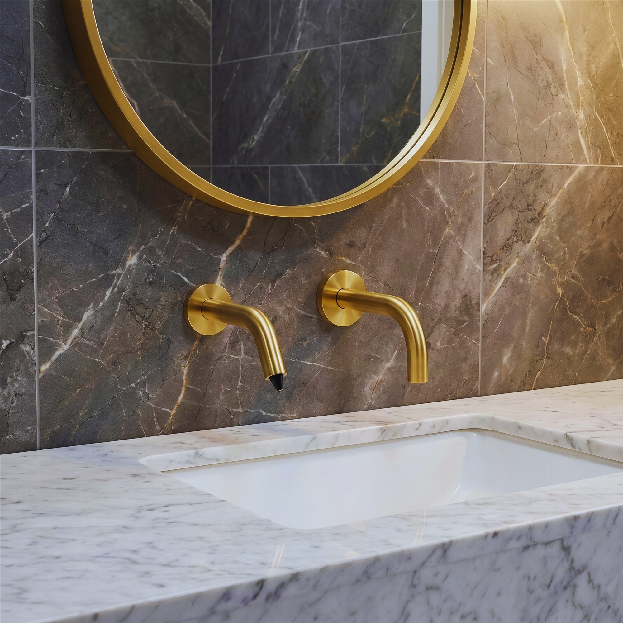 Fontana StreamEssence gold brass wall-mounted touchless faucet with automatic soap dispenser set
