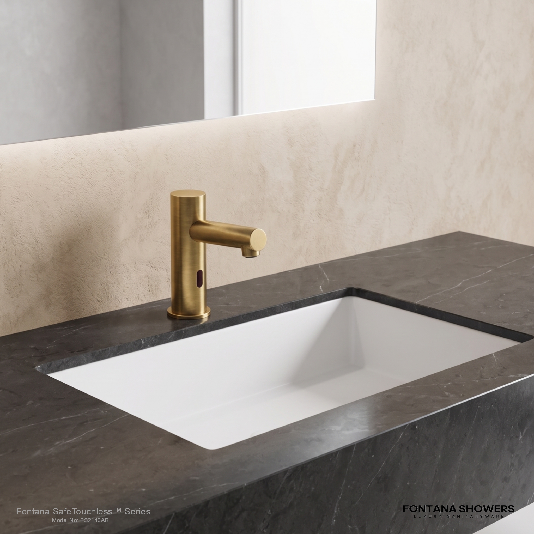 Fontana SafeTouchless antique brass sensor-controlled deck-mounted commercial faucet, product view 2