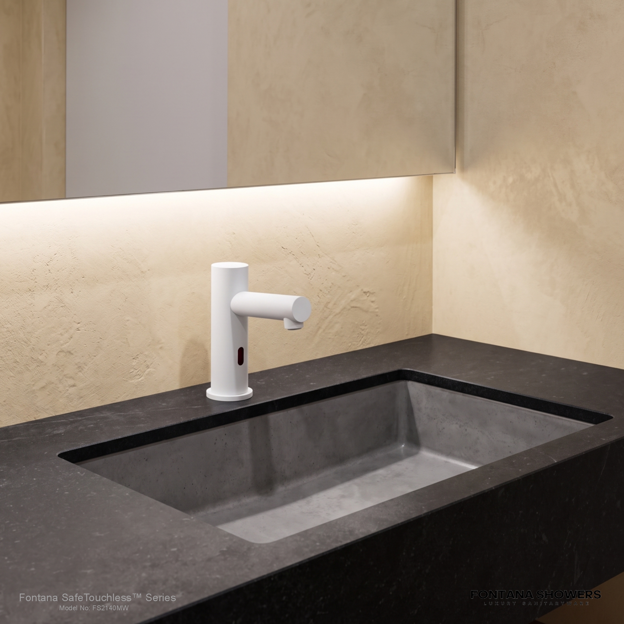 Fontana SafeTouchless matte white hands-free deck-mounted commercial faucet, product view 1