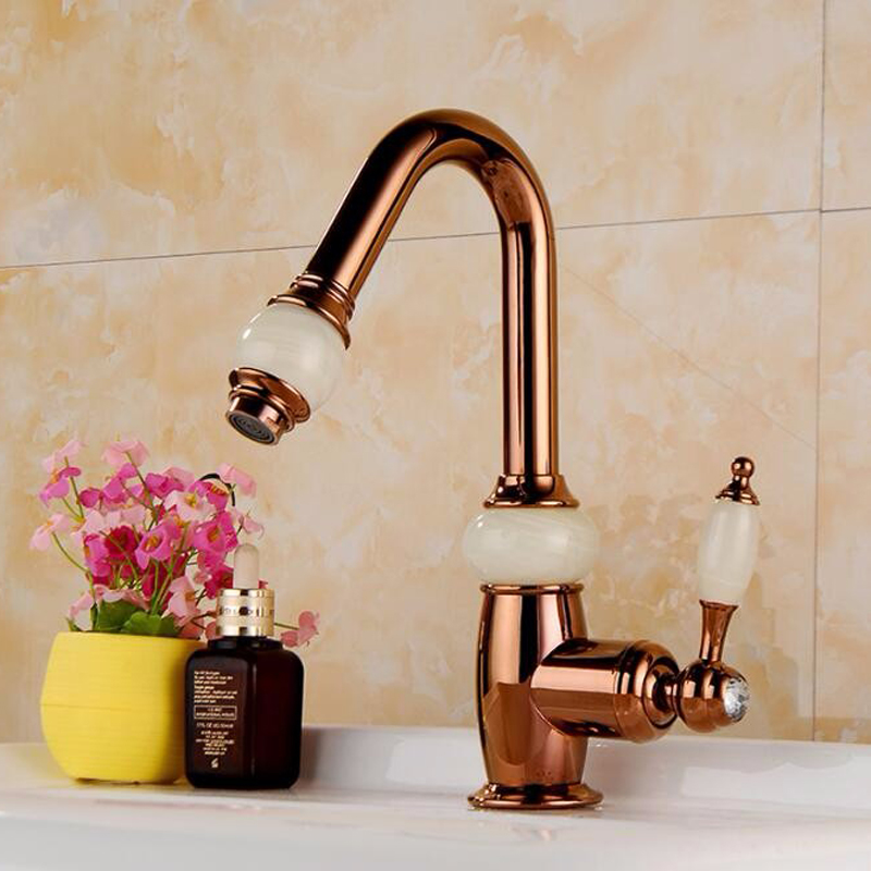 Fontana Rauma Luxury Short Rose Gold Brass Jade Water Body Bathroom Sink Faucet