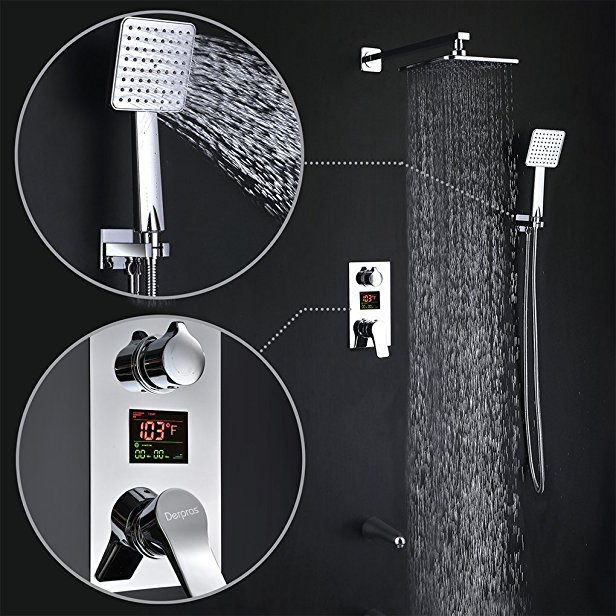 Fontana Crotone Chrome LED Digital Display 3 Way Shower System Rainfall Shower Set With Handheld Shower and Tub Faucet