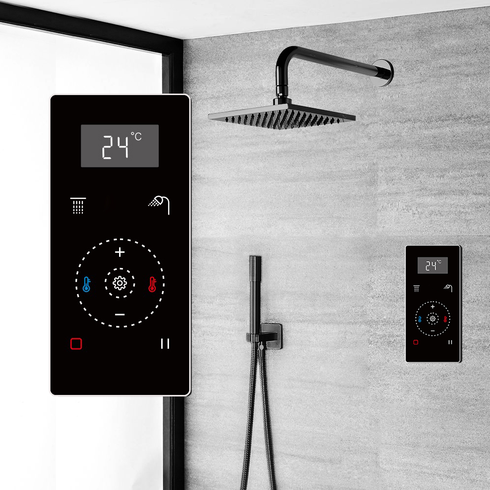 Fontana Dark Oil Rubbed Bronze Square Automatic Thermostatic Shower With Black Digital Touch Screen Shower Mixer Display 2 Function Rainfall Shower Set With Handheld Shower
