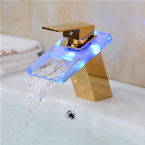 Fontana Gold Finish Led Glass Brass Bathroom Sink Waterfall Faucet At Fontanashowers Com Basin Tap - Led Single Hole Touchless Electronic Bathroom Sink Waterfall Faucet