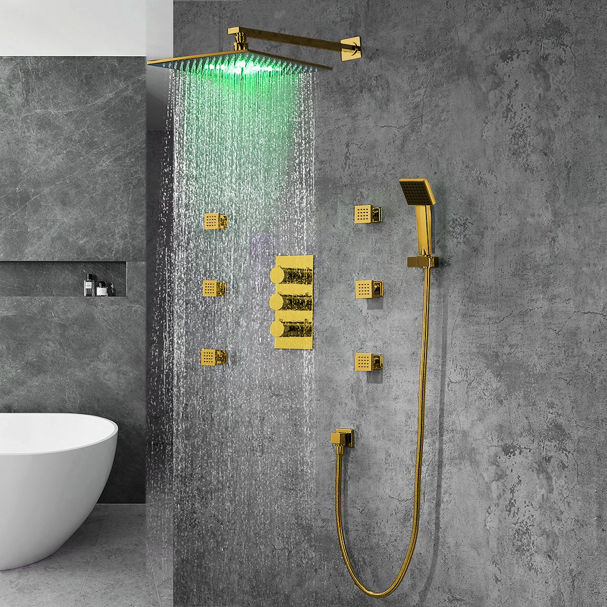 Fontana Gold Trialo Color Changing LED Shower Head with Adjustable Body Jets