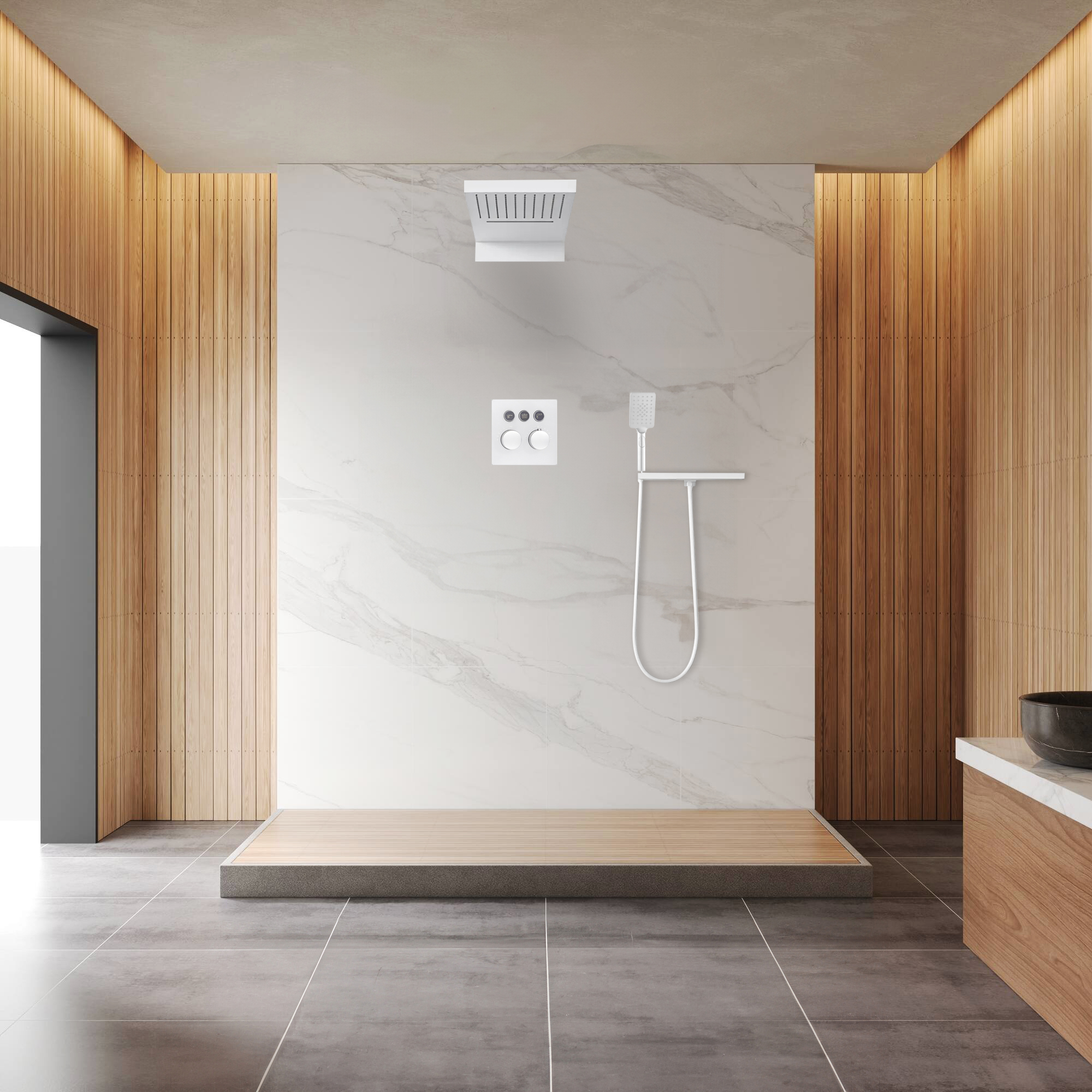 Browse Fontana Latina White Wall Mount Thermostatic Rainfall Shower ...