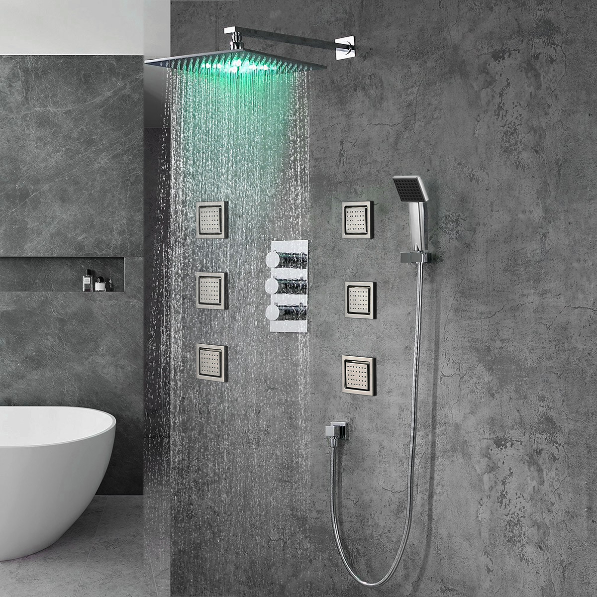 Bathroom Luxury 12"LED Shower Head & Hand Spray 6 Massage Jets Mixer Taps Faucet 