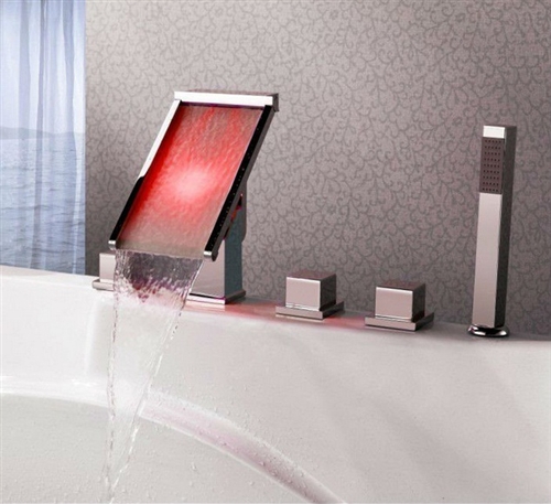 Modern LED Light Crystal Handles Roman Tub Faucet Waterfall Glass Spout Bathroom 
