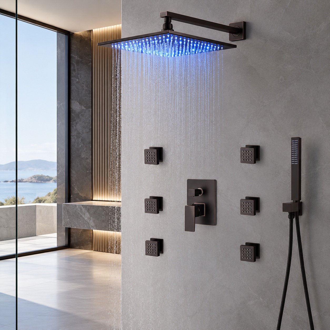Fontana Peru Dark Oil Rubbed Bronze LED Rainfall Shower with Massage Jets