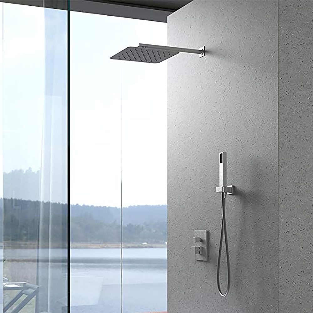 FontanaShowers LED Brushed Nickel Single Handle Wall Mount Square Rainfall Shower Set
