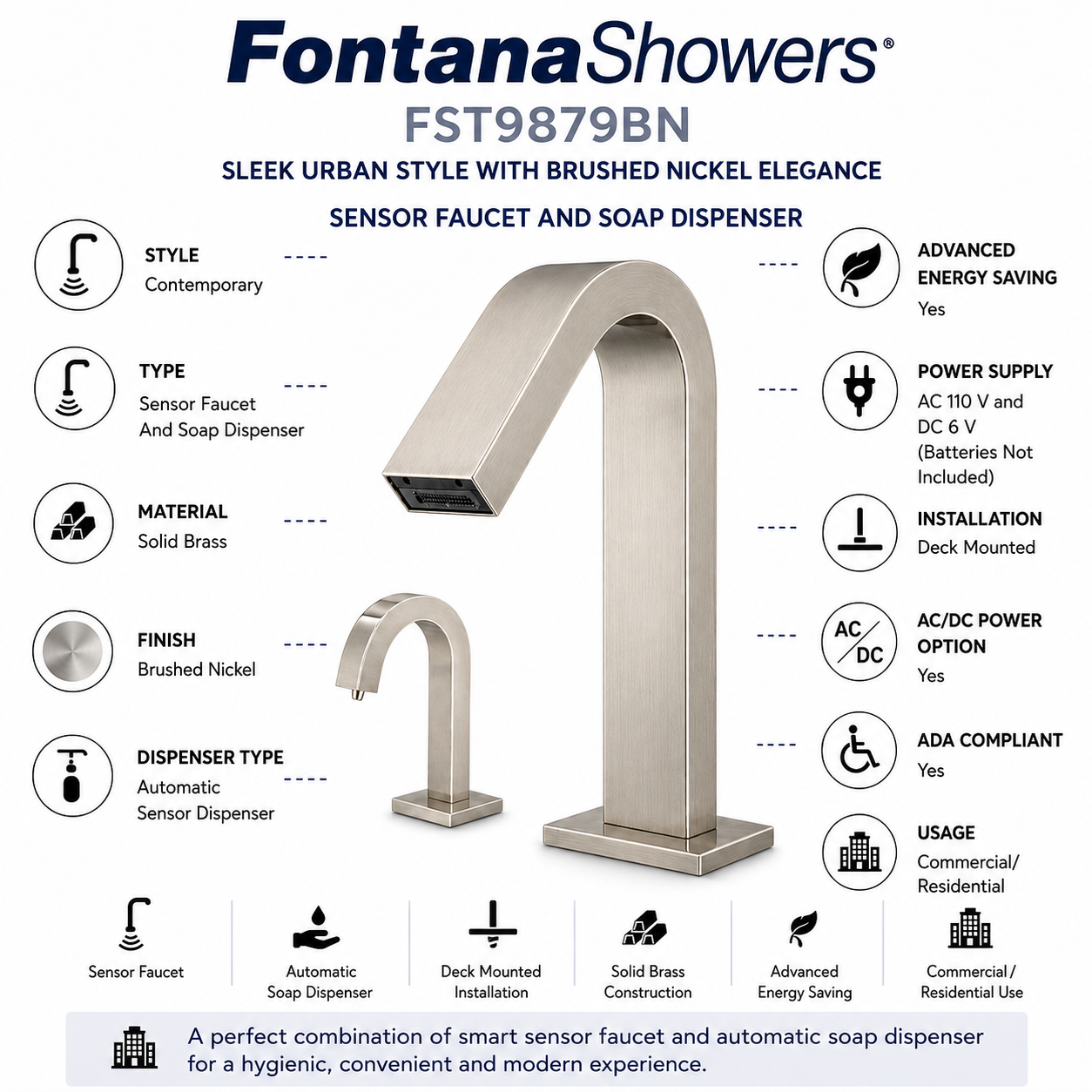 Fontana IntelliWave Brushed Nickel Touchless Set Feature Diagram
