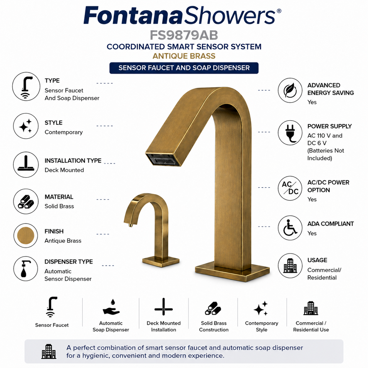 Fontana IntelliWave Antique Brass Touchless Set Feature Diagram