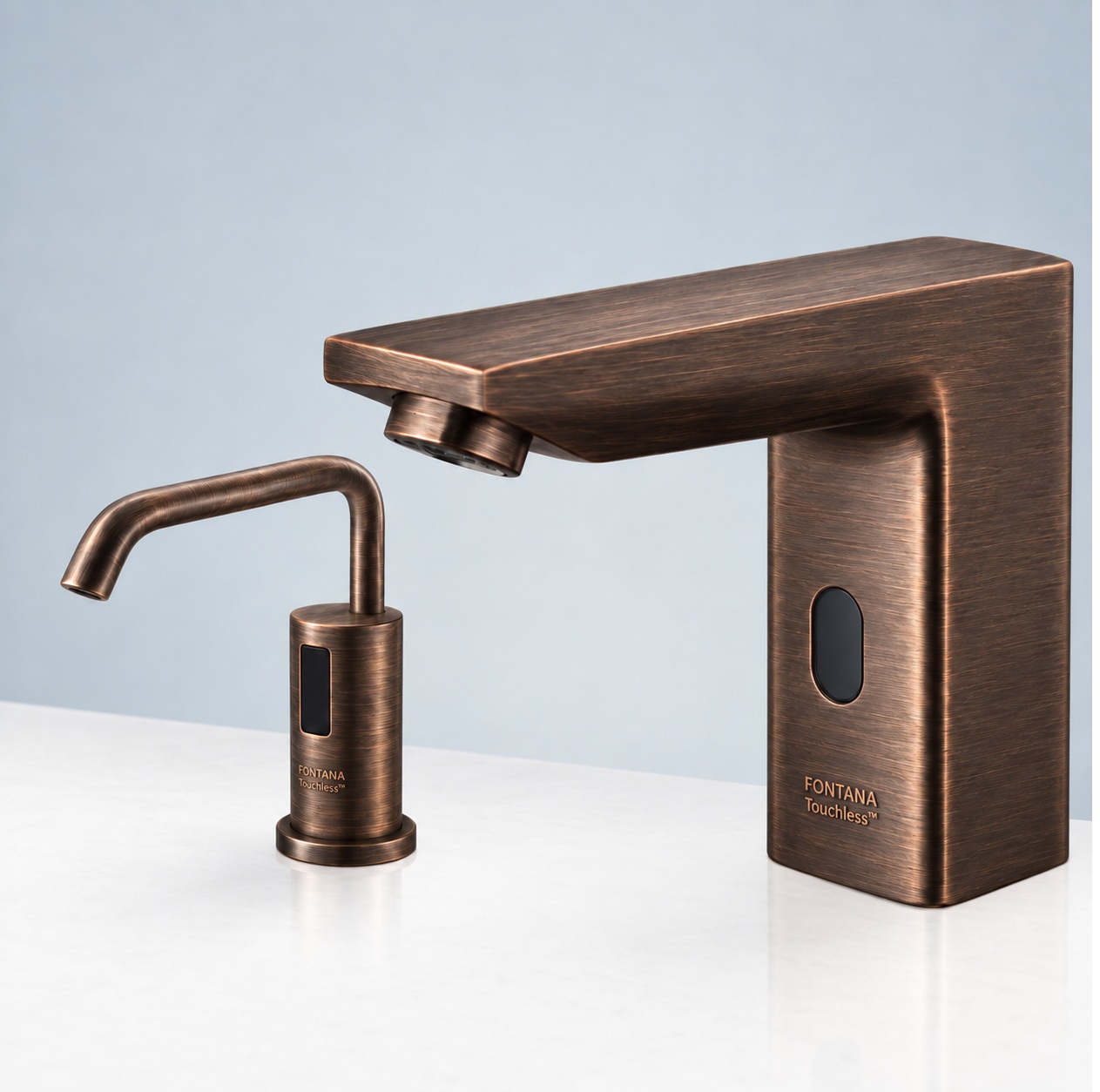 Fontana deck-mount touchless faucet and auto soap dispenser set in antique ORB brass