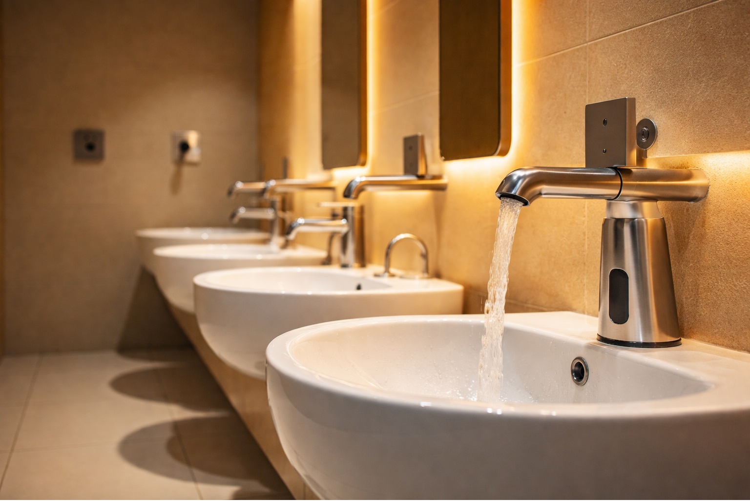 Humidity, condensation, and sensor face cleaning access considerations for touchless faucets in commercial restrooms