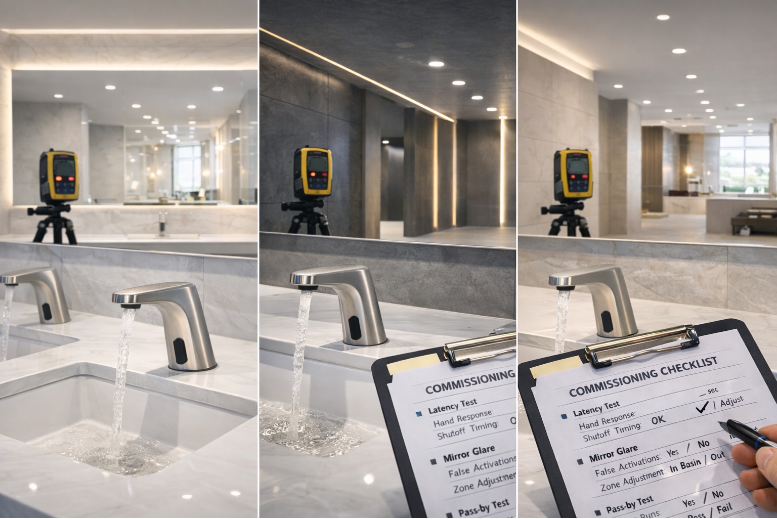 LED lighting, daylight angles, and mirror glare affecting touchless faucet sensor accuracy during field commissioning