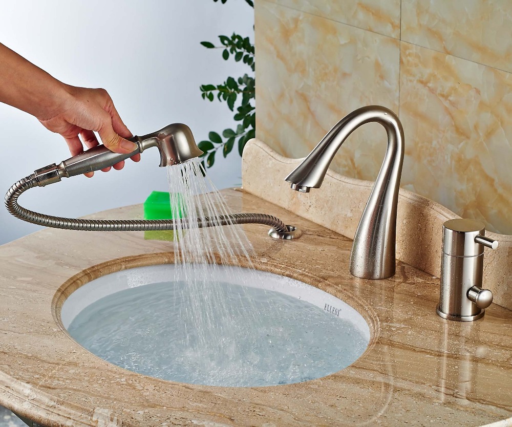 Laconian Brushed Nickel Bathroom Sink Faucet with Handheld Shower