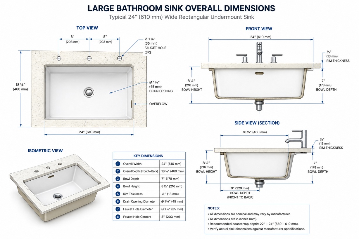 Large bathroom sink overall dimensions engineering drawing with top, front, side, and isometric views