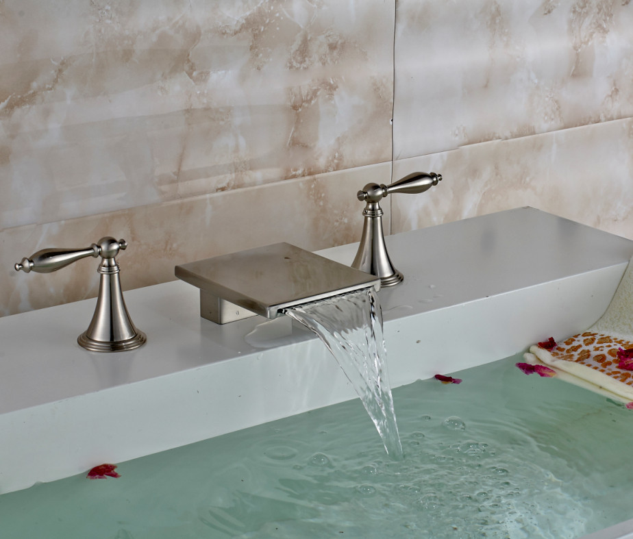 Long Dual Handle Deck Mount Brushed Nickel Waterfall Bathroom Bathtub Brass Sink Faucet
