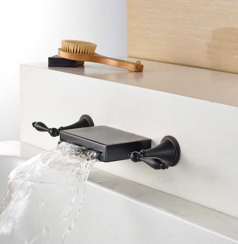 Rauma Long Dual Handle Wall Mount Waterfall Oil Rubbed Bronze Bathroom Sink Faucet