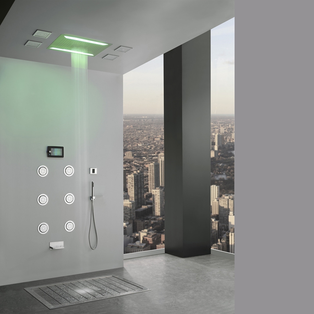 Recessed large LED waterfall shower with six body jets installation