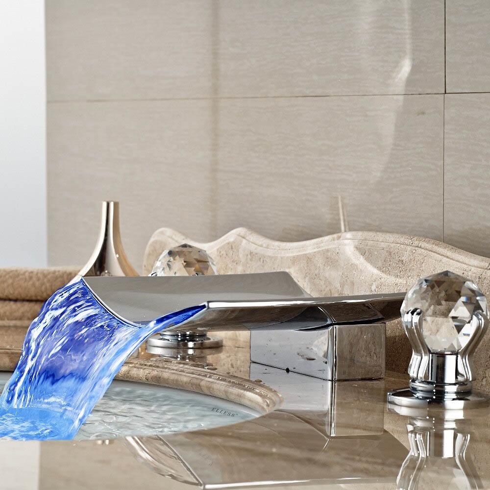 New Luxury LED Crystal Handle Waterfall Mixer Bathroom Widespread Sink Faucet