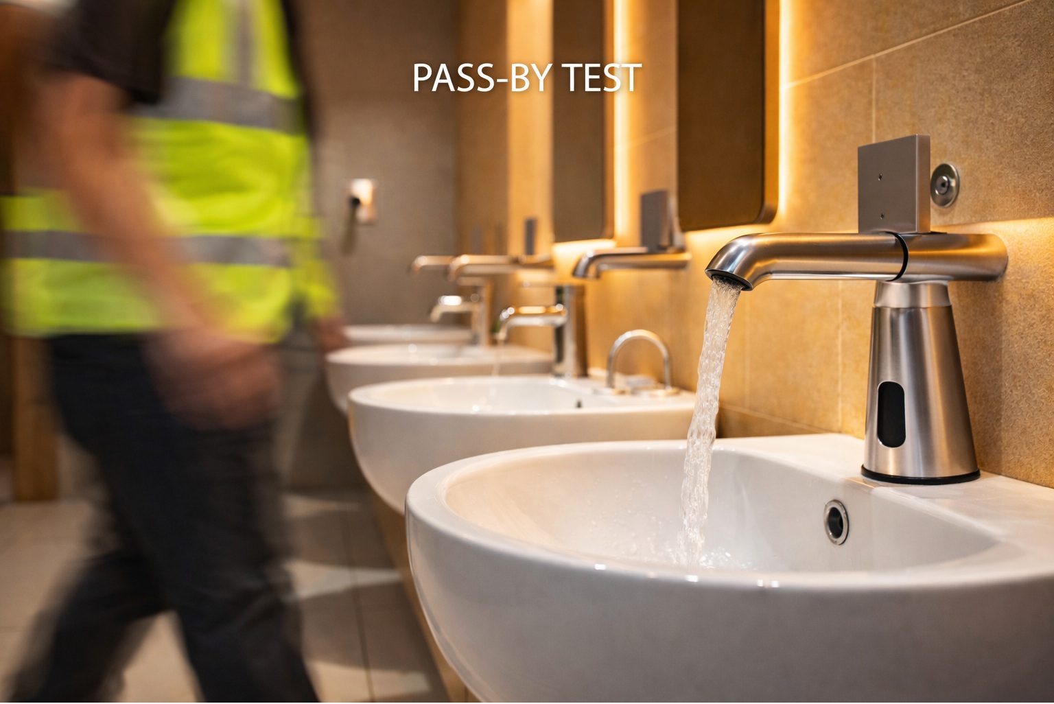 Pass-by traffic testing to prevent ghost runs and false activation in touchless faucet sensor systems