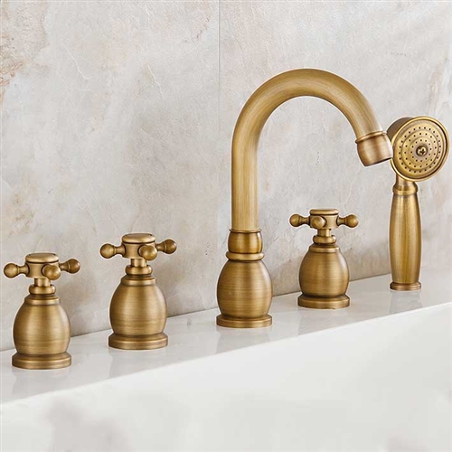 Reno 5pcs Bathtub Faucet in Antique Brass Deck Mount with Hand Shower