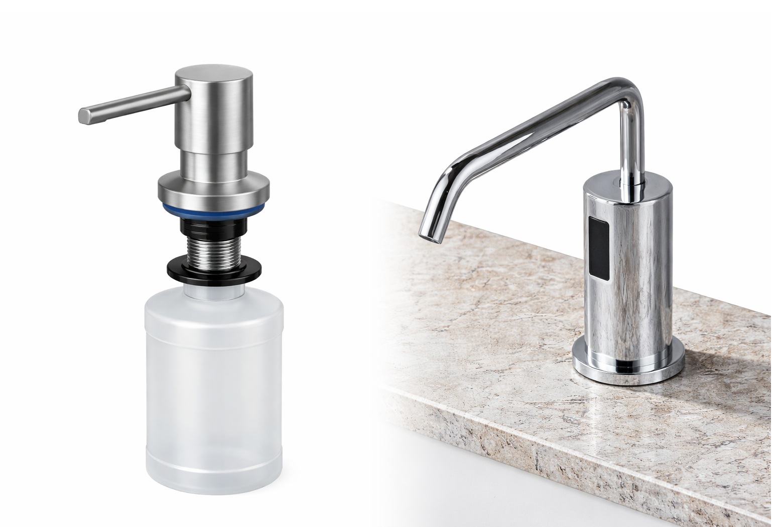Countertop soap dispenser with below-deck reservoir showing service arrangement