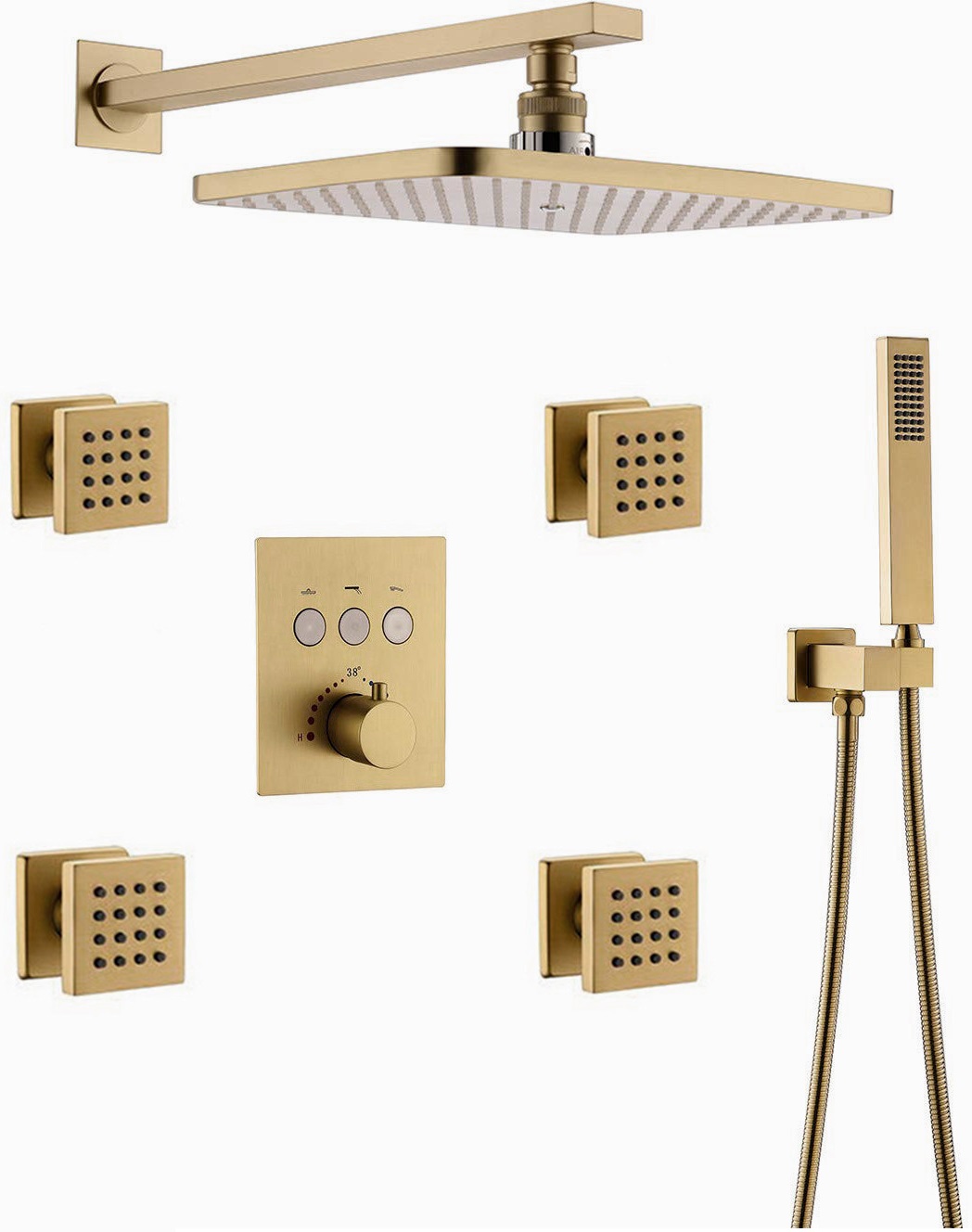 Fontana Creteil Brushed Gold Bathroom Thermostatic Button Shower System Set with Slide Bar