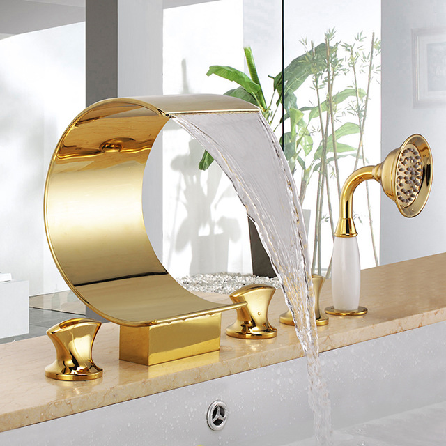 Siena Luxurious Deck Mounted Gold Waterfall Faucet with Hand Shower