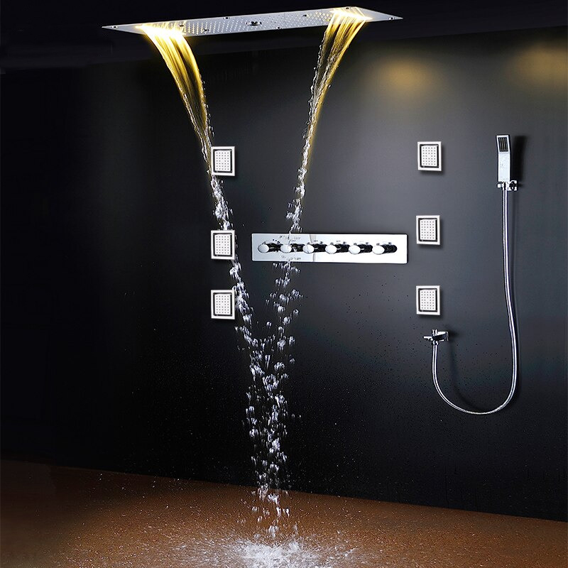 Fontana Toulouse 15x28" Thermostatic LED Ceiling Shower Head With Hand Shower, Body Jets And Spout