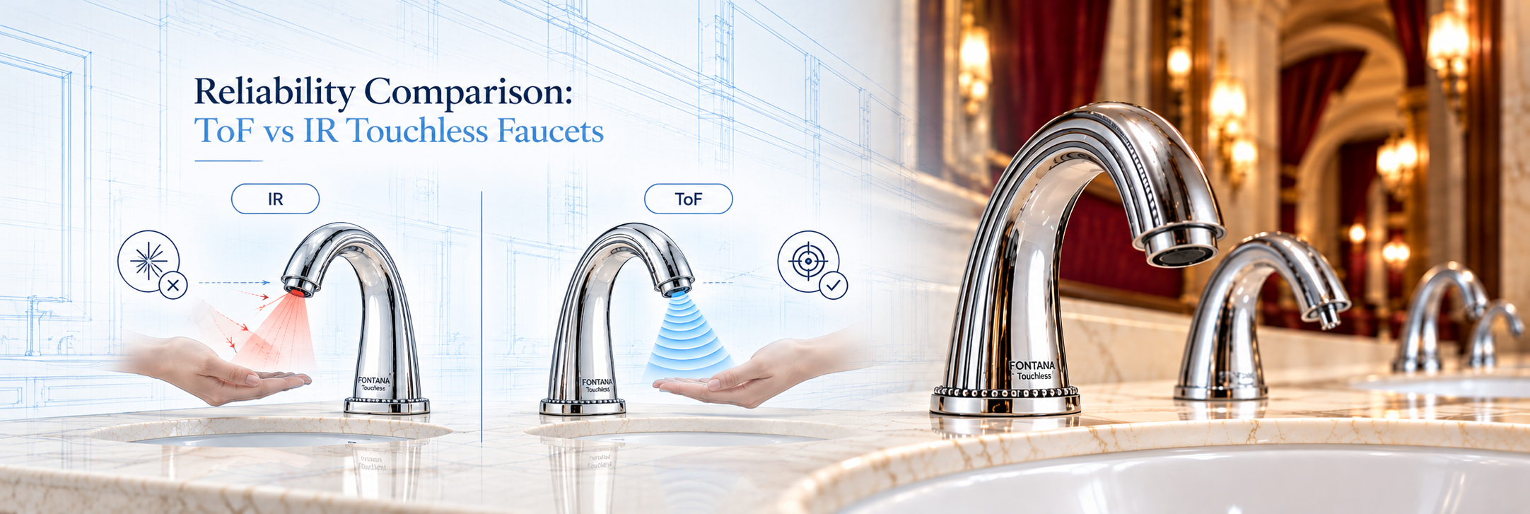 Polished chrome sensor-operated water and soap faucet in modern bathroom sink setting