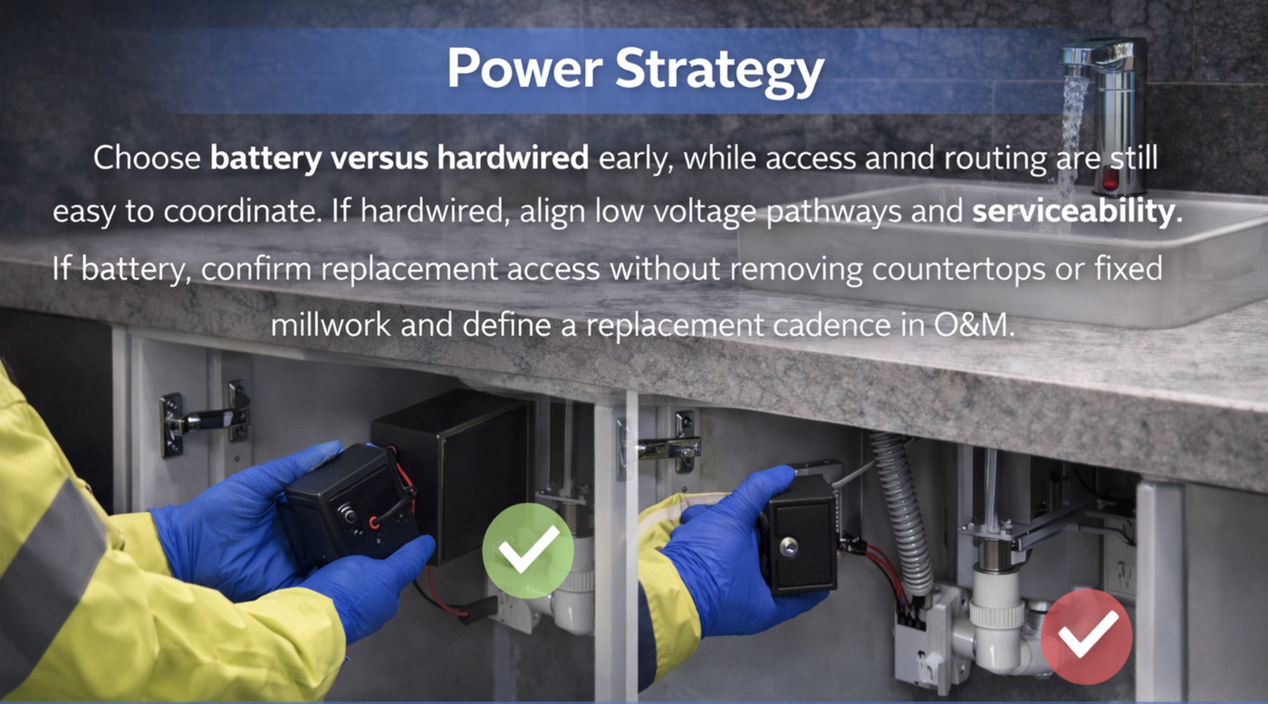 Power strategy and serviceability planning for touchless faucets including access routing and maintenance readiness