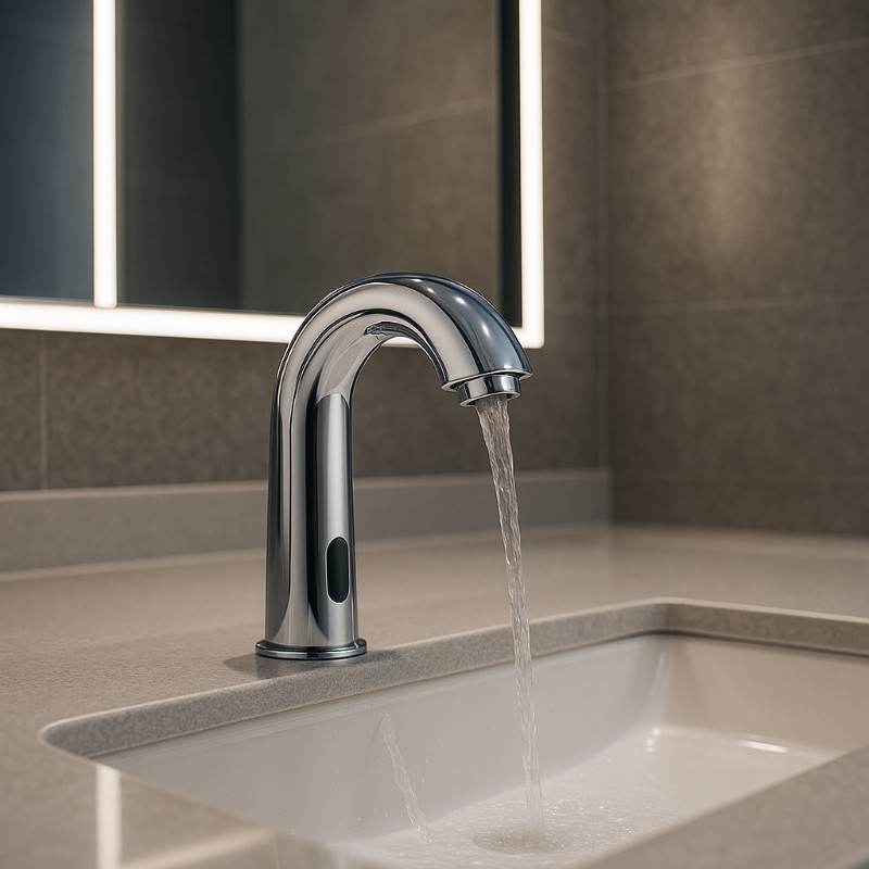 Touchless bathroom faucets in a modern sink and bathroom setting