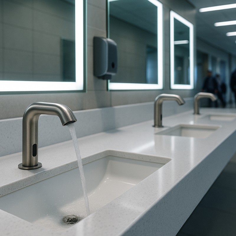 Granite touchless faucets for commercial sink zones
