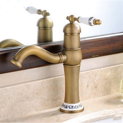 Vanity Sink Deck Mount Antique Brass Faucet Ceramic Handle