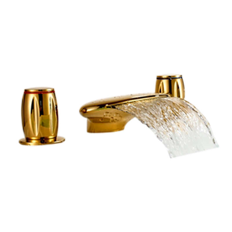 Waterfall Gold Finish Dual Round Handle Bathtub Faucet
