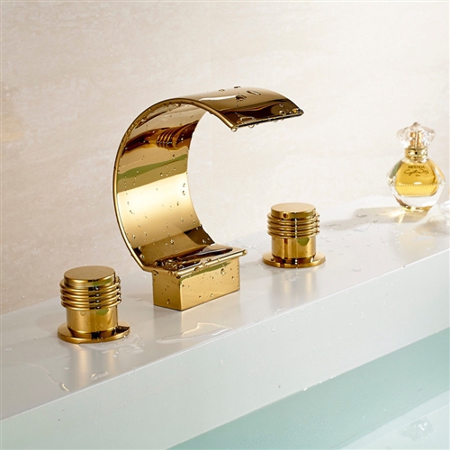 Waterfall Deck Mount Gold Bathroom Bathtub Dual Handle Mixer Faucet