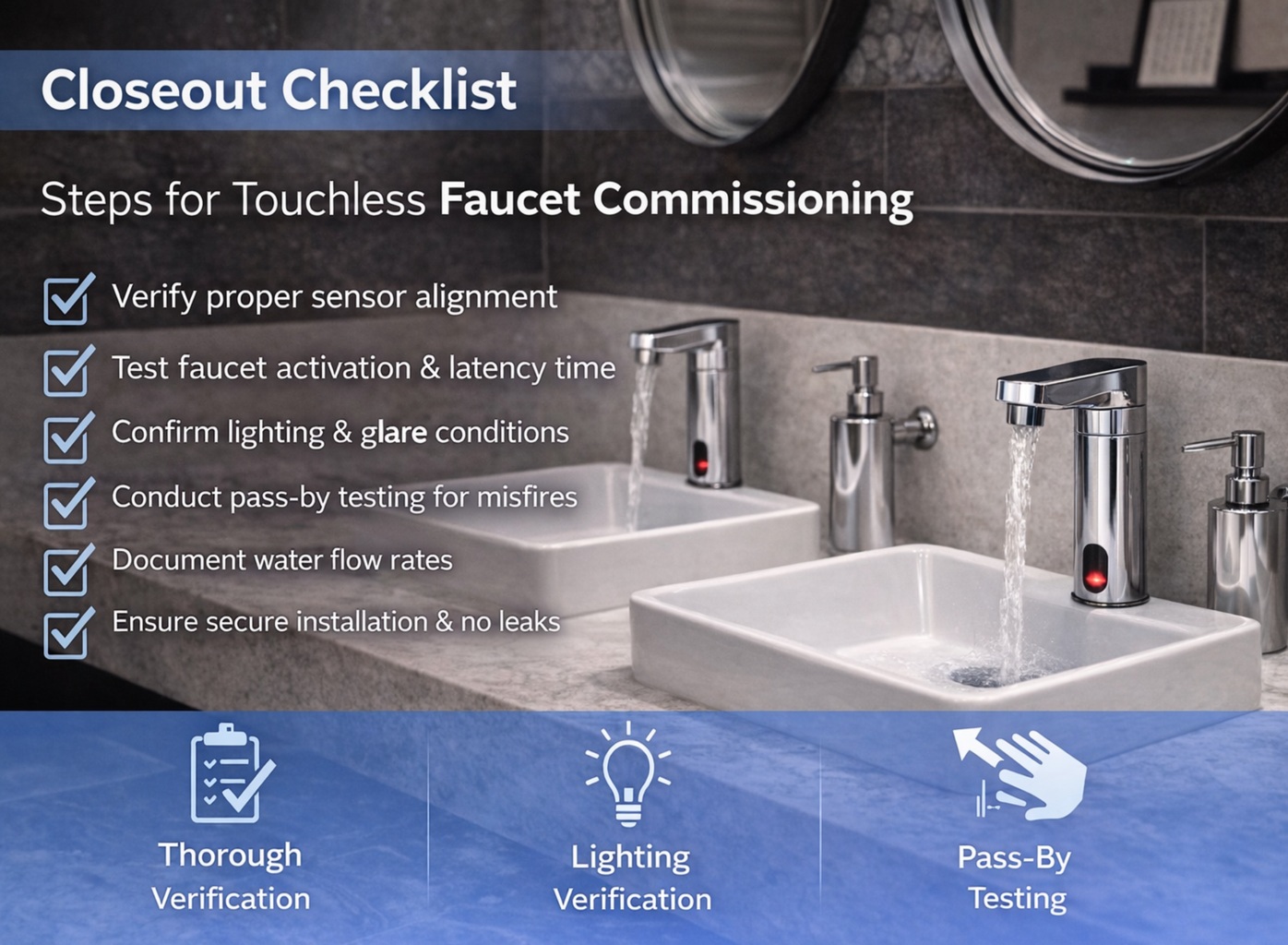 Closeout checklist steps for touchless faucet commissioning including lighting verification and pass-by testing