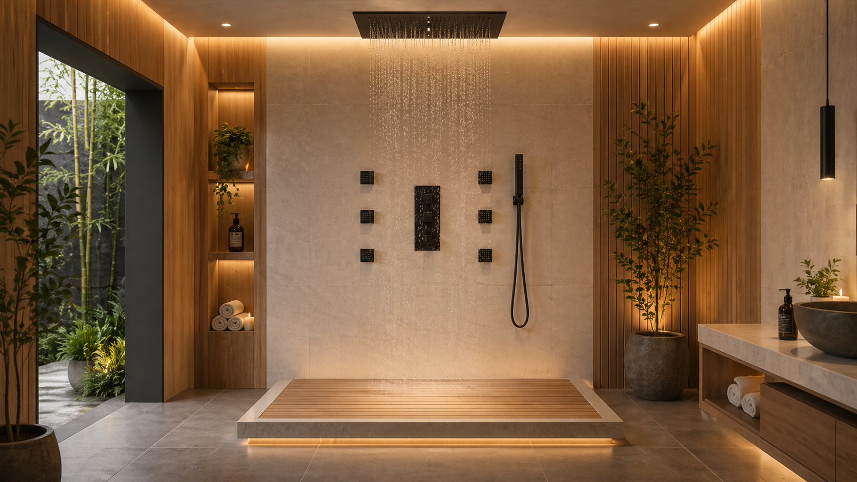 Fontana luxury spa shower system with minimalist wood wall panels