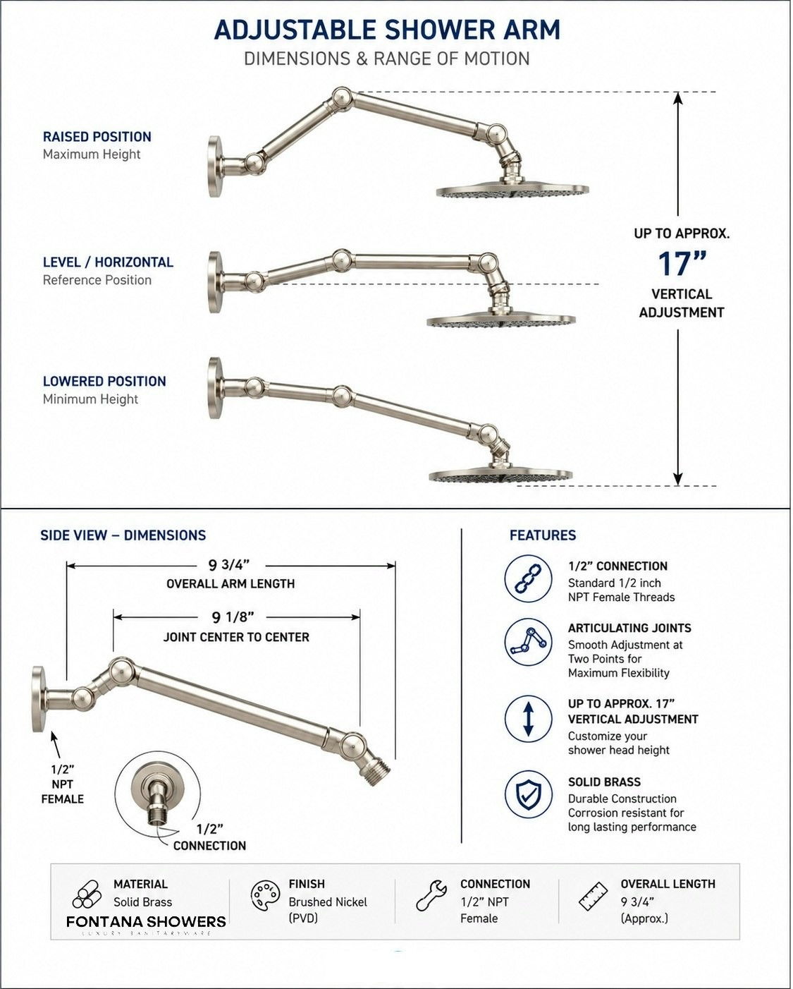 Adjustable shower head arm with vertical height adjustment and articulating joints