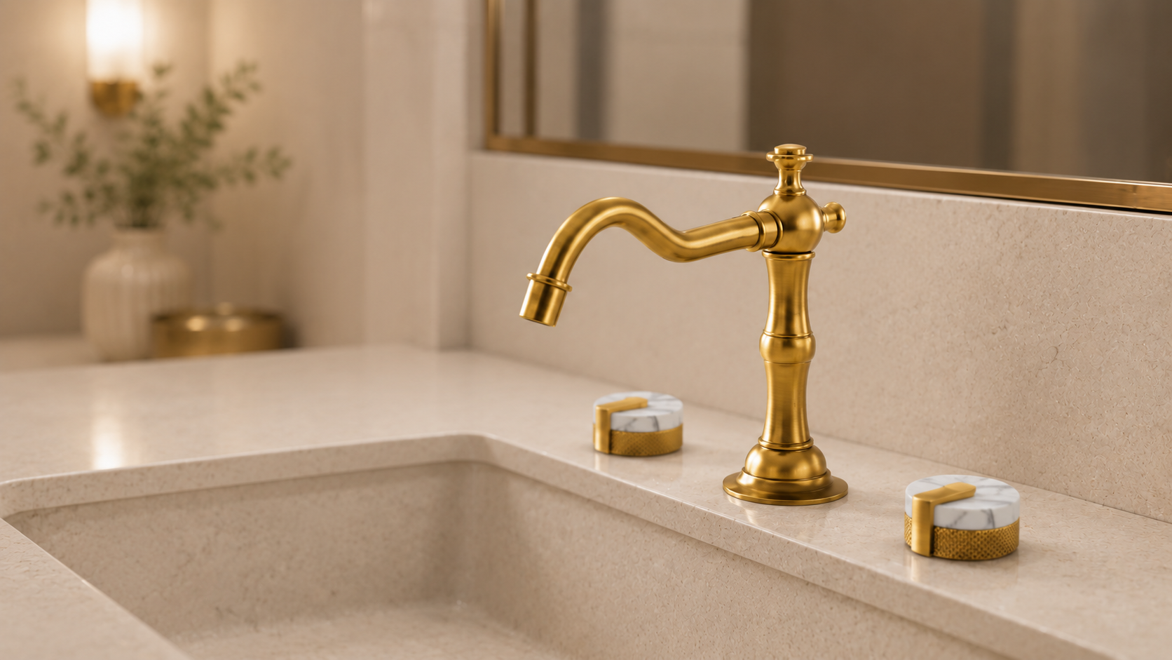 Luxury hotel bathroom vanity with antique brass widespread faucet