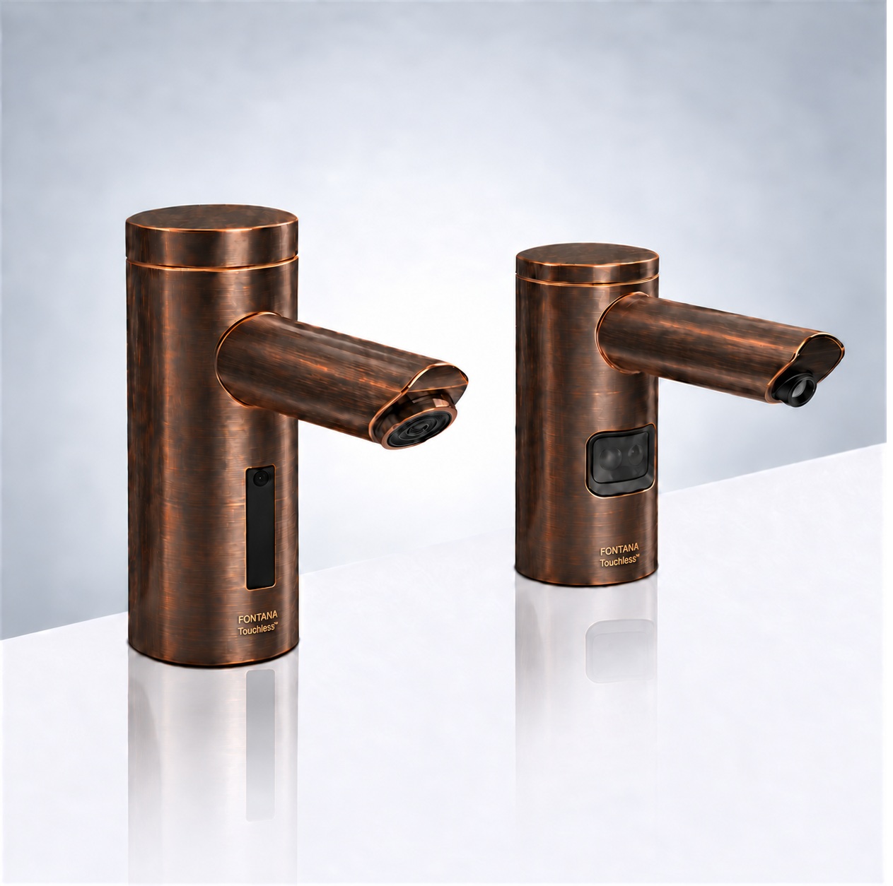 Antique brass touchless bathroom faucet and soap dispenser deck-mount set