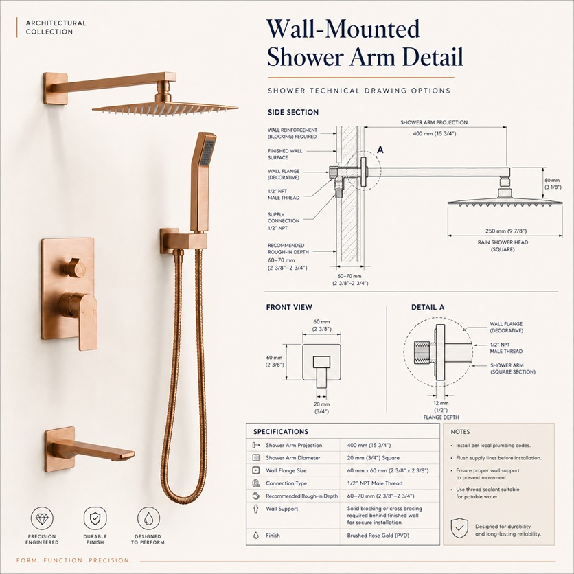 Wall-mounted shower arm detail for large rain shower heads and shower systems