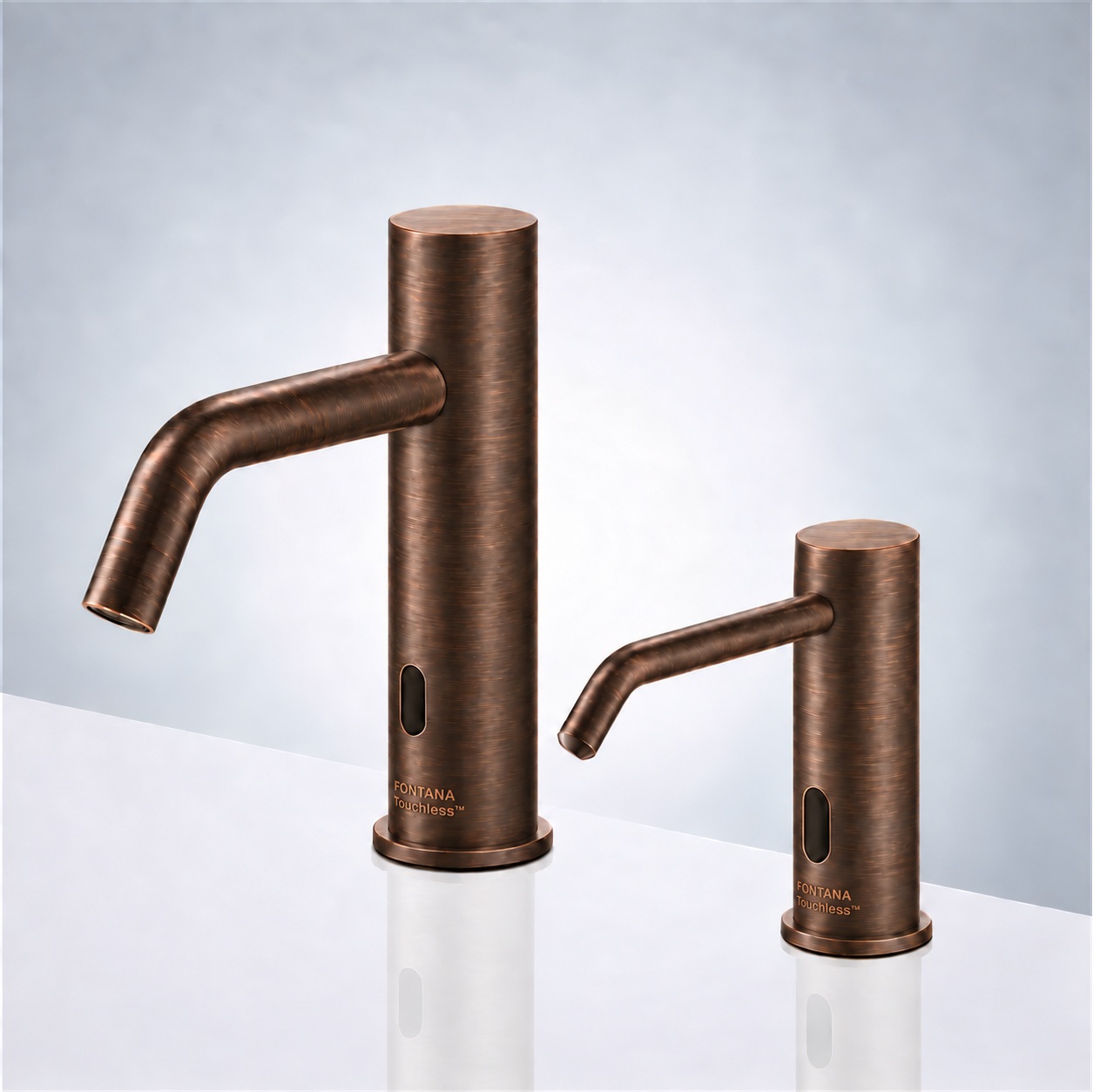Automatic soap dispenser and touchless bathroom faucet set in antique oil-rubbed bronze